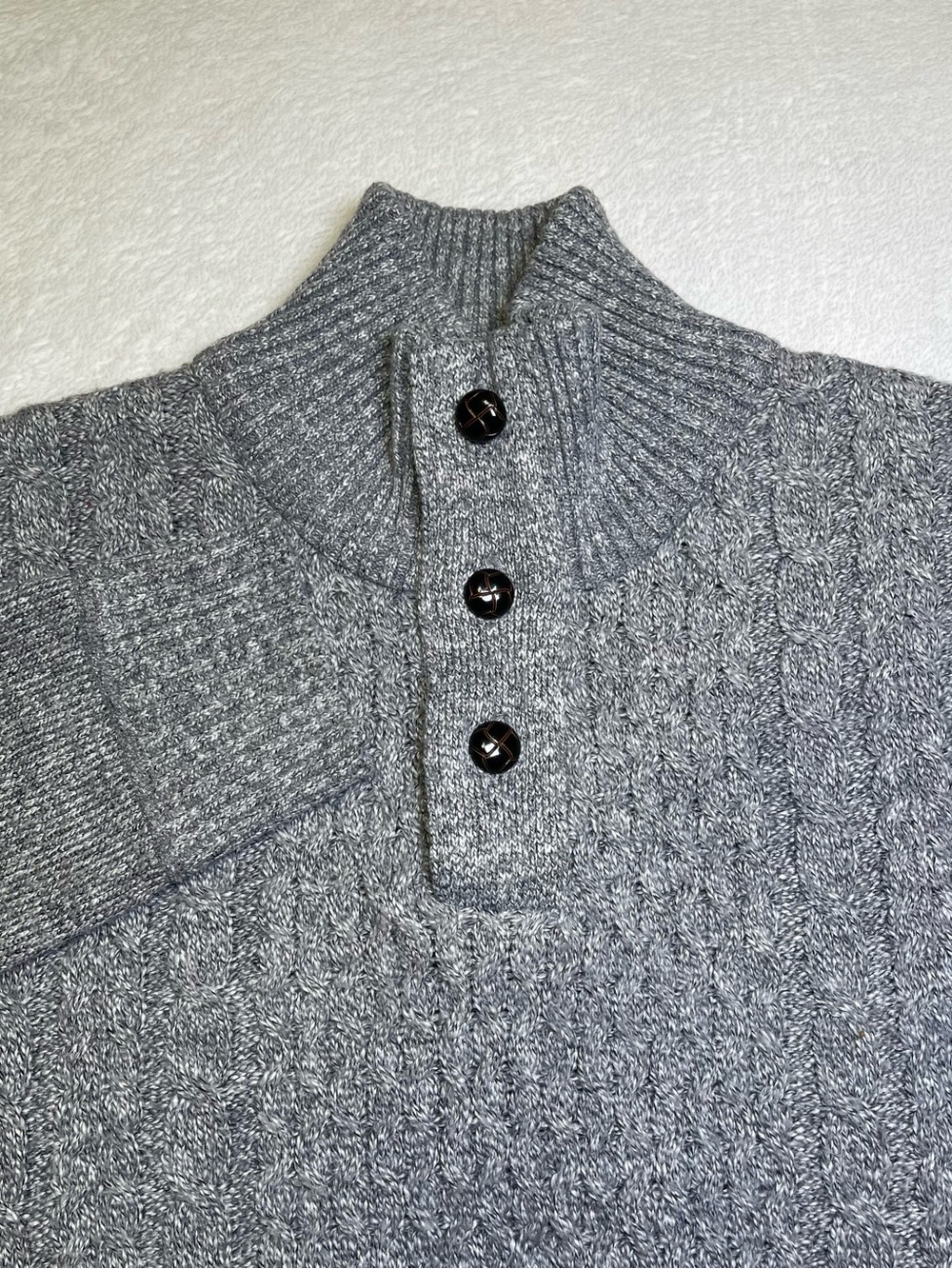 Buffalo David Bitton Men’s Large Gray Cable Knit Mock Neck Button Henley Sweater